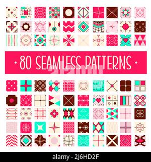 Set of 80 retro vector geometric seamless patterns (tiling) of red, black, pink and green color. Endless texture can be used for pattern fills, web pa Stock Vector
