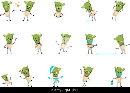 Set of cute cactus character in pot with happy or sad emotions, panic, loving or brave face, hands and legs. Houseplant with mask, glasses or hat. Vector flat illustration Stock Vector