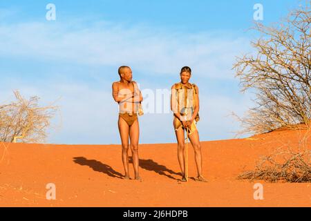 San (Saan) Bushmen, semi-nomadic indigenous hunter-gatherers, have lived in Southern Africa for 20,000 years, Kalahari Desert, Namibia, Africa Stock Photo
