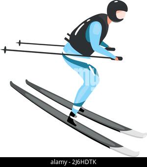 Athletic man with skis riding through snow semi flat color vector character Stock Vector