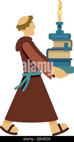 Monk with pile of books semi flat color vector character Stock Vector