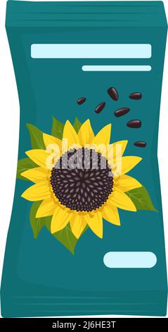 Pack of black sunflower seeds in peel. Fatty healthy food, delicious snacks, cooking nuts. Vector flat illustration Stock Vector