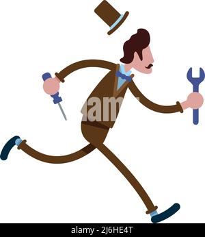 Hurried man with wrench semi flat color vector character Stock Vector