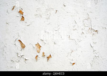 White texture of cracked paint on a metal wall. Peeling paint on a concrete wall. cracked rusty metal surface, faded texture, grunge wallpaper. Stock Photo