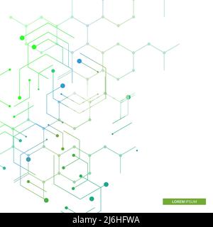 Vector illustration green connect hexagons connect abstract background. Technology dots and broken lines Stock Vector