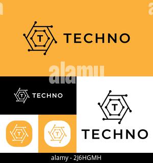 Technology Logo. Tech circuit logo template.Vector Illustration.Black,yellow And White color. Stock Vector