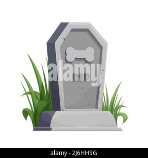 Pet gravestone, animal funeral with foot print decorated with grass in cartoon style isolated on white background. . Vector illustration Stock Vector