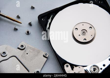 The abstract image of inside of hard disk drive on white cover background. Concept of data, hardware, and information technology. Copy space Stock Photo