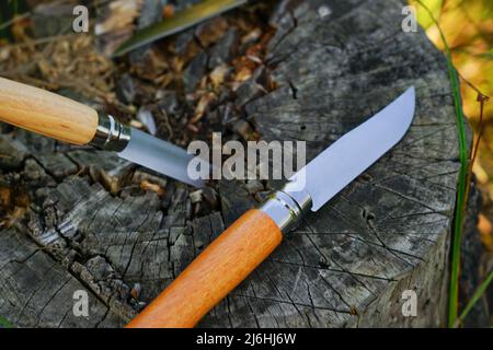 A folding knife with a wooden handle lie on a stump near the shore Stock Photo