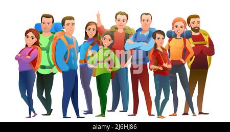 Man, women and child tourist backpacker. Backpack on his back. Cheerful person. Standing pose. Cartoon comic style flat design. Single character Stock Vector