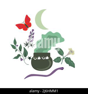 Sorcery vector illustration with plants and ?auldron Stock Vector