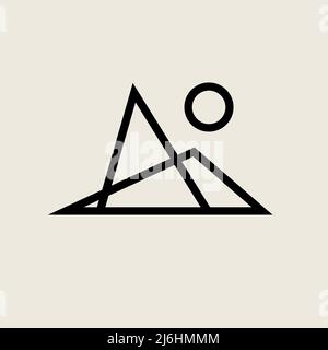 Minimal icon of mountains and sun. Minimalistic mountains logo, vector graphic line design Stock Vector