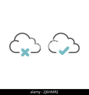 Cloud with cross and checkmark icon. Outline storage check ok symbol. Stock Vector