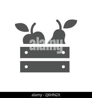 Fruits crate, farm bio food black icon. Apple and pear casket filled symbol. Stock Vector