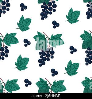 Ripe black currant seamless pattern. Sprig of black currant. Vitamin berries. Vector illustration. Fruit print Stock Vector