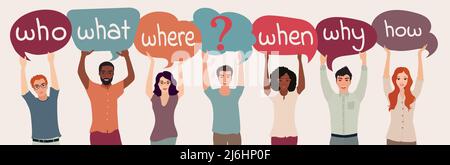 Group of people coworkers or colleagues with arms up holding speech bubble in hand whit text -Who What Where When Why How- and question mark symbol. Stock Vector