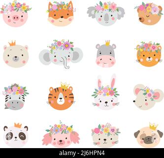 Animal princesses in crown. Floral crowns on princess, queen dog cat bunny and coala. Cartoon animals avatars, wild and pets faces nowaday vector Stock Vector