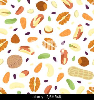 Nuts seamless pattern. Abstract mix seeds, raw ingredients, dried fruits and nut. Fresh vegan food print, beans, hazelnut decent vector background Stock Vector