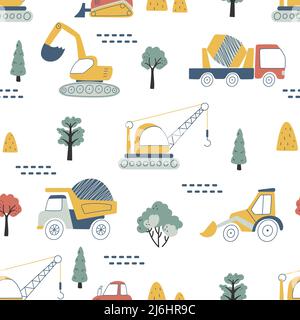 Kids truck seamless pattern. Doodle trucks, construction vehicles with crane. Children apparel print template with car. Scandinavian nowaday vector Stock Vector