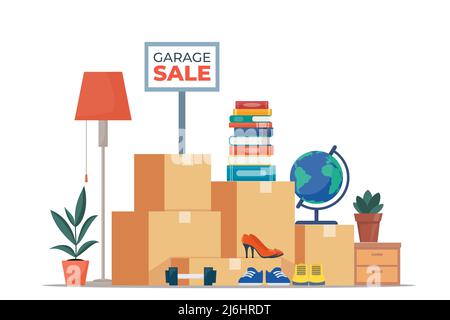 Garage sale banner with flat furniture objects arranged on the floor - house plants, guitar, books, clothes, chair and others. Flea market old stuff c Stock Vector