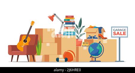 Garage sale banner with flat furniture objects arranged on the floor - house plants, guitar, books, clothes, chair and others. Flea market old stuff c Stock Vector