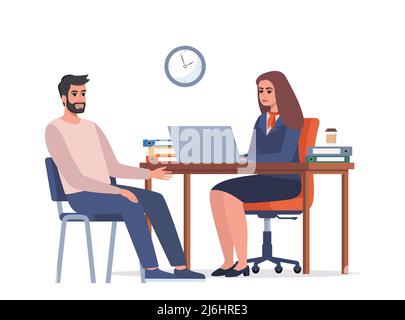 Bank office consultant adviser talking with client. Banking concept. Female bank employee in a suit with corporate symbols advises a man client. Vecto Stock Vector
