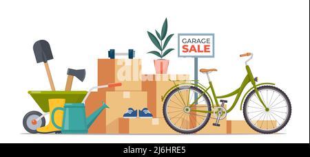 Garage sale banner with flat furniture objects arranged on the floor - house plants, guitar, books, clothes, chair and others. Flea market old stuff c Stock Vector