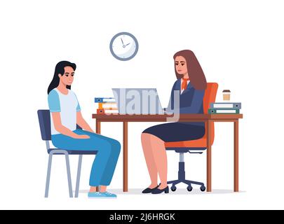 Bank office consultant adviser talking with client. Banking concept. Female bank employee in a suit with corporate symbols advises a woman client. Vec Stock Vector