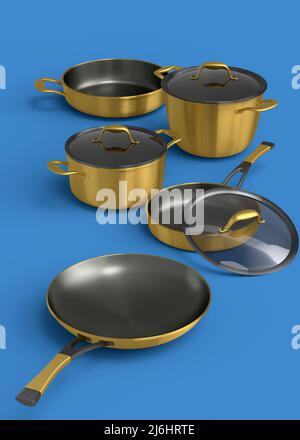 Pots and pans. Set of cooking kitchen utensils and cookware. 3d  illustration Stock Photo - Alamy