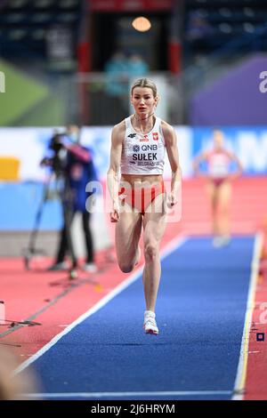 Adrianna Sulek participating in the Belgrade 2022 World Indoor Championships in the Long Jump of the Pentathlon. Stock Photo