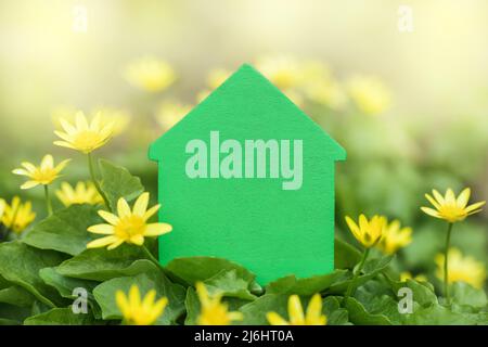 Green House on flowers background. Copy space. Mock up. Decarbonization of Real Estate. Stock Photo