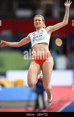 Adrianna Sulek participating in the Belgrade 2022 World Indoor Championships in the Long Jump of the Pentathlon. Stock Photo