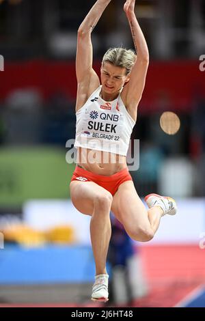 Adrianna Sulek participating in the Belgrade 2022 World Indoor Championships in the Long Jump of the Pentathlon. Stock Photo