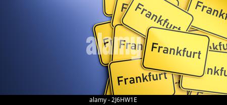 Multiple Frankfurt city limit signs on a heap. Frankfurt is located in the German state of NHesse. The typical yellow city limit sign for German citie Stock Photo