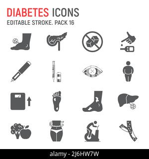 Diabetes disease line icon set, diabetic collection, vector graphics, logo illustrations, diabetes disease vector icons, diabetic signs, outline pictograms, editable stroke Stock Vector