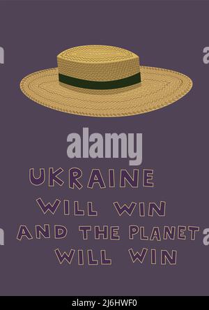 illustration of straw hat near ukraine will win and the planet will win lettering on purple,stock illustration Stock Vector