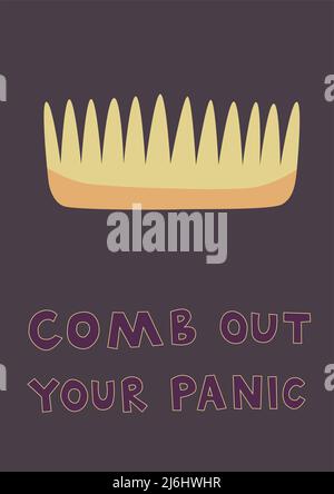 illustration of hairbrush near comb out your panic lettering on dark purple,stock illustration Stock Vector