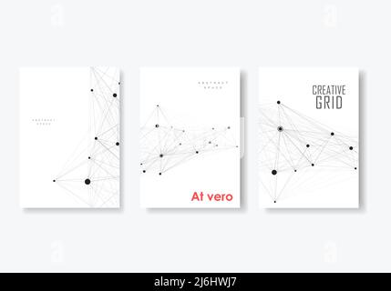 Vector abstract three brochures with molecules of black color on white background Stock Vector