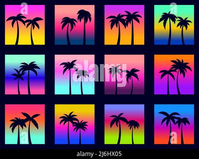 Collection of palm trees on a gradient background. Two palm trees against the backdrop of sunset and sunrise in the style of the 80s and 90s. Banner a Stock Vector