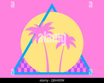 Summer time. 80s Palm trees on a sunset. Retro sci-fi sun in triangle, futuristic logo. Synthwave and retrowave style. Vector illustration Stock Vector