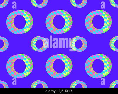 Seamless pattern with isometric circle with checkered pattern in 90s style. Distorted multi-colored grid of their squares. Design for banners and prom Stock Vector