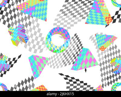 Seamless pattern with 3d objects with an abstract checkered pattern in 90s style. Distorted multi-colored grid of their squares. Design for banners an Stock Vector