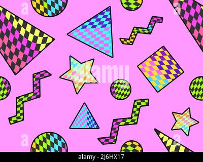 Geometric seamless pattern with abstract checkered pattern in 90s style. Distorted multi-colored grid of their squares. Design of banners and promotio Stock Vector