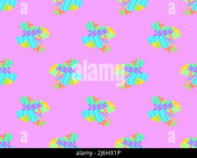 Seamless pattern with isometric 3d cross with an abstract checkered pattern in 90s style. Distorted multi-colored grid of their squares. Design for ba Stock Vector