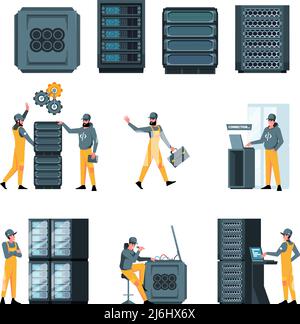 Datacenter workers. Workers repairing servers web engineers garish vector colored illustrations set Stock Vector