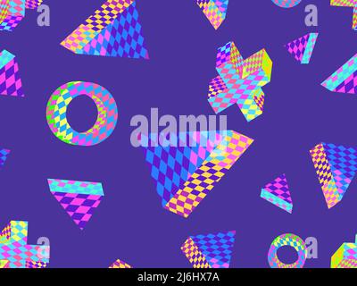 Seamless pattern with 3d objects with an abstract checkered pattern in 90s style. Distorted multi-colored grid of their squares. Design for banners an Stock Vector