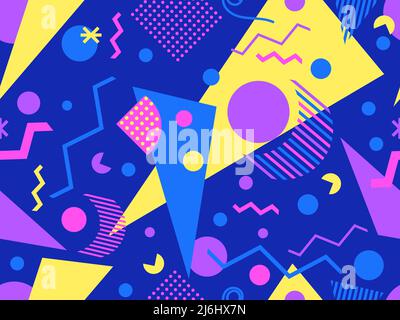 Memphis seamless pattern with geometric shapes in 80s and 90s style. Geometric shapes of different shapes and colors. Design of promotional products, Stock Vector