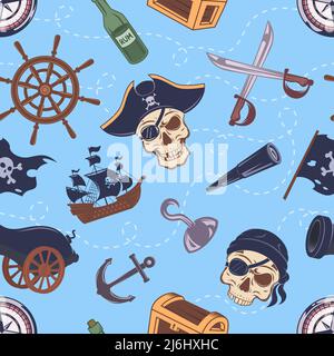 Pirate pattern. Drawing sailor elements wooden battle ship skull bones anchor weapons exact vector seamless background with pirate stylized symbols Stock Vector