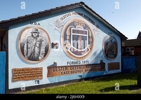 UDA (Ulster Defence Association) Loyalist paramilitary murals on 'Freedom Corner'  lower Newtownards Road, East Belfast, Northern Ireland, 20th April Stock Photo