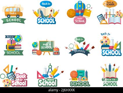 School emblems. Back to school labels with place for text recent vector colored emblems Stock Vector